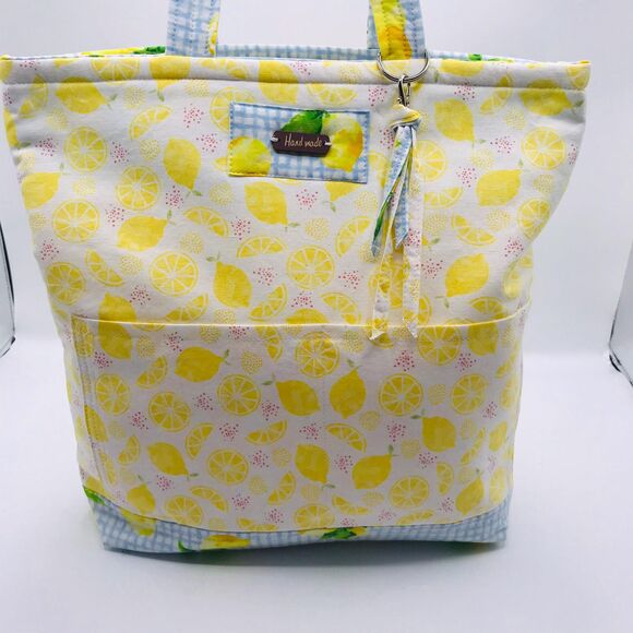 Basic Lizbet Library Market Tote Bag, Lemon Gingham 12 x 13.5 x 3" With Pockets - Picture 8 of 9